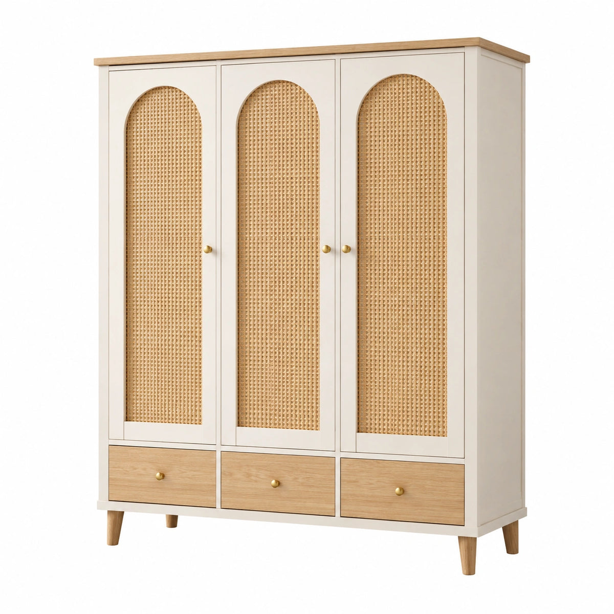 Armario de madera y ratán con 3 puertas 200x150x40 cm blanco y natural