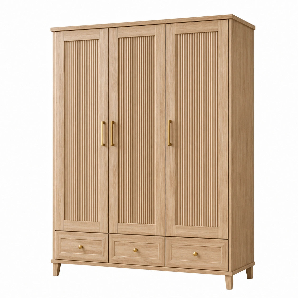Armario de madera con 3 puertas y 3 cajones en color madera clara y dorado