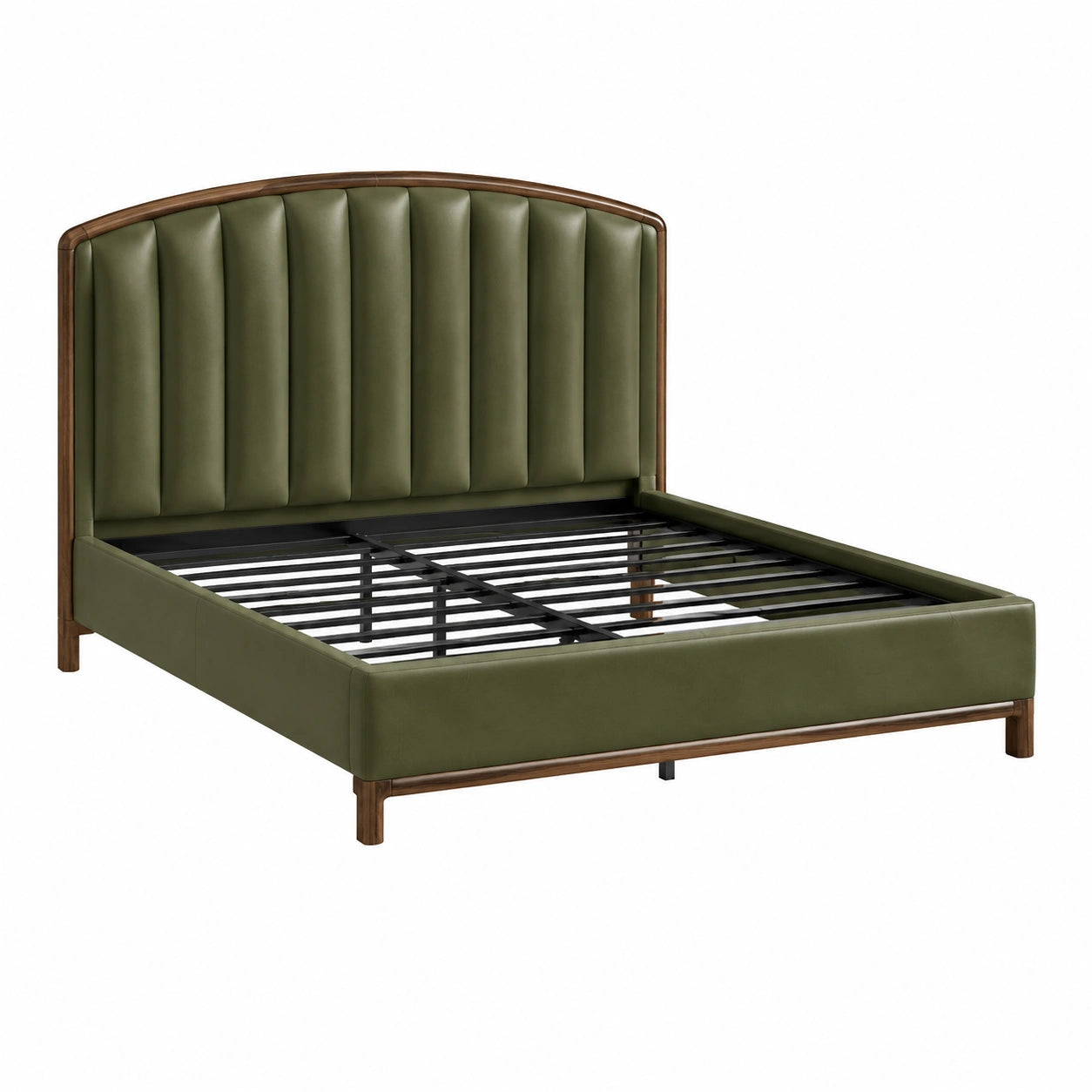Cama doble de piel sintética verde con estructura de madera y metal