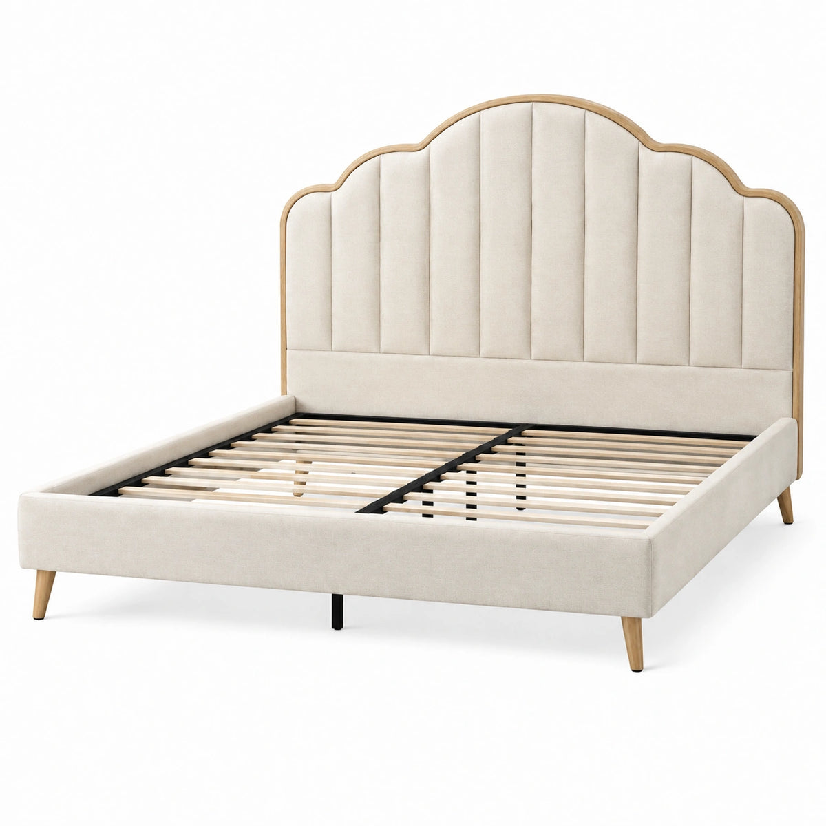 Cama doble de madera con tapicería de poliéster beige