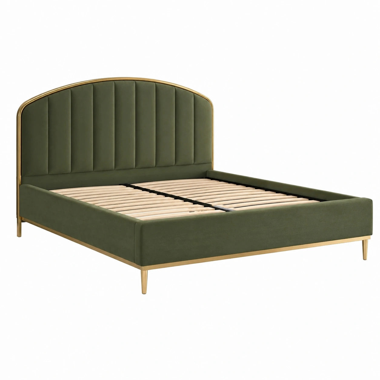 Cama doble de terciopelo verde con estructura metálica dorada
