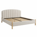 Cama doble tapizada en tela beige con cabecero semicircular de madera 160x200 cm