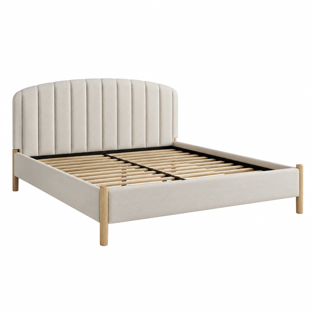 Cama doble tapizada en tela beige con cabecero semicircular de madera 160x200 cm