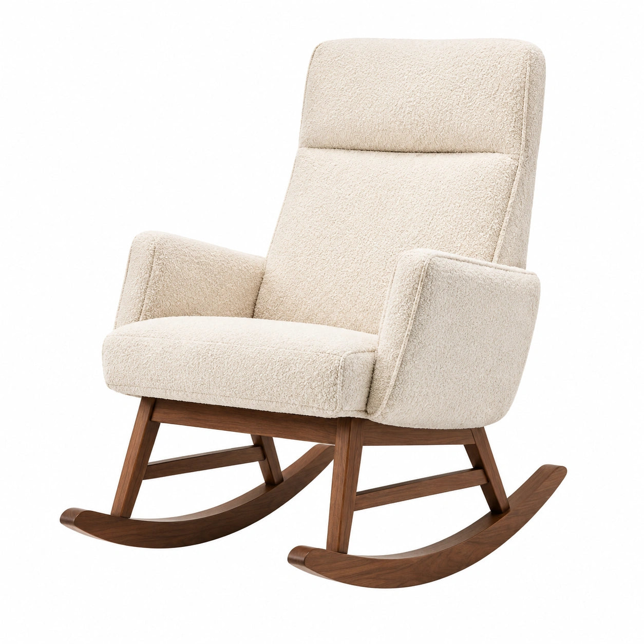 Silla mecedora de madera de nogal y tela bouclé crema