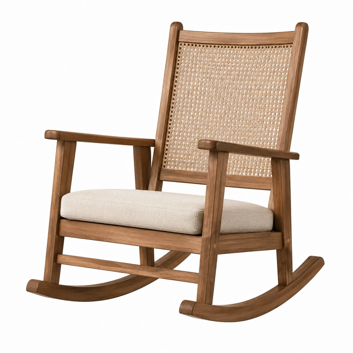 Mecedora de madera de teca con respaldo de ratán y cojín beige