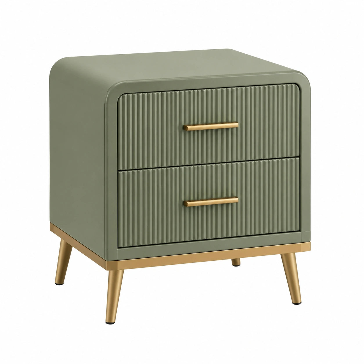 Mesita de noche de madera laminada verde oliva con patas de acero dorado