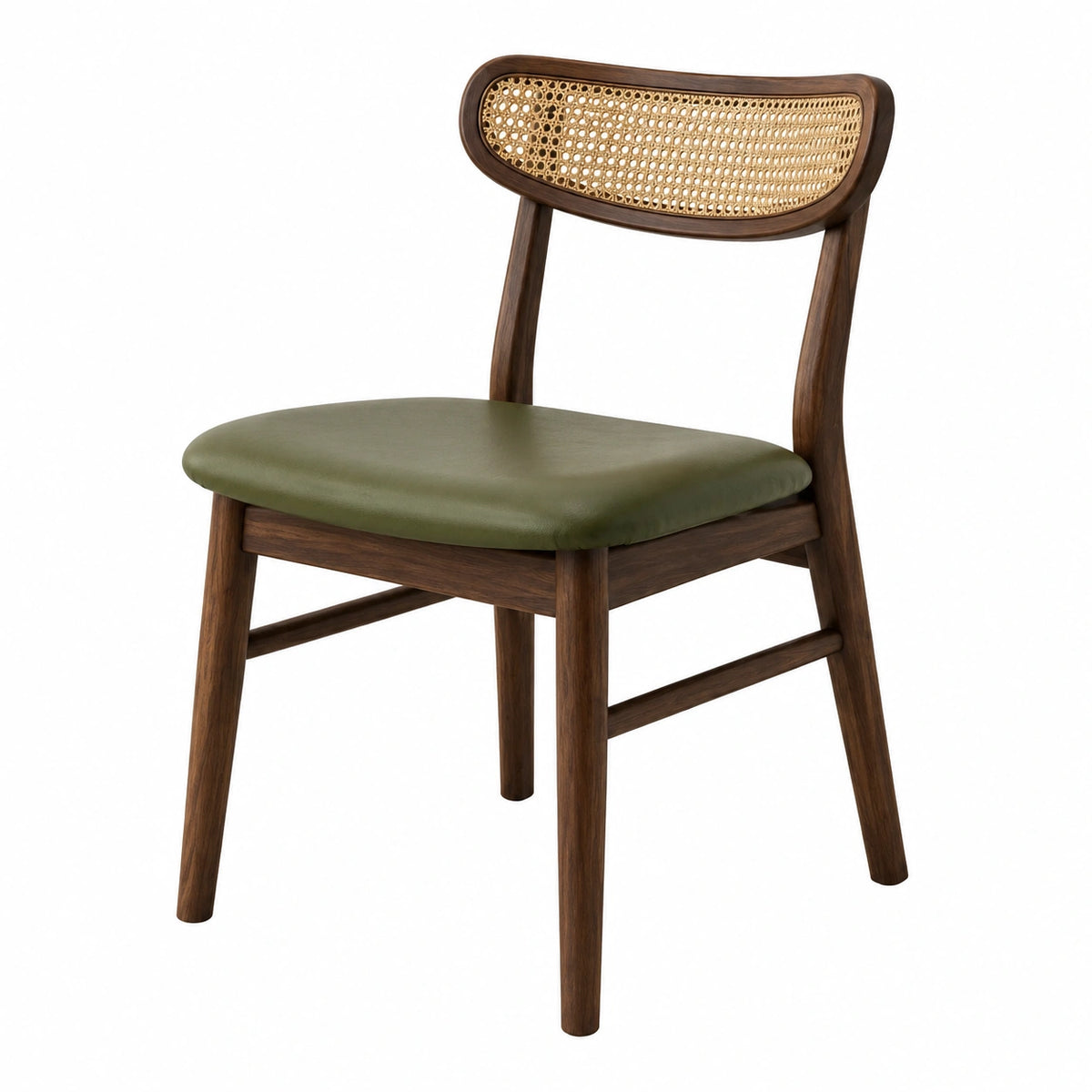 Silla de madera con asiento de PU verde y respaldo de ratán