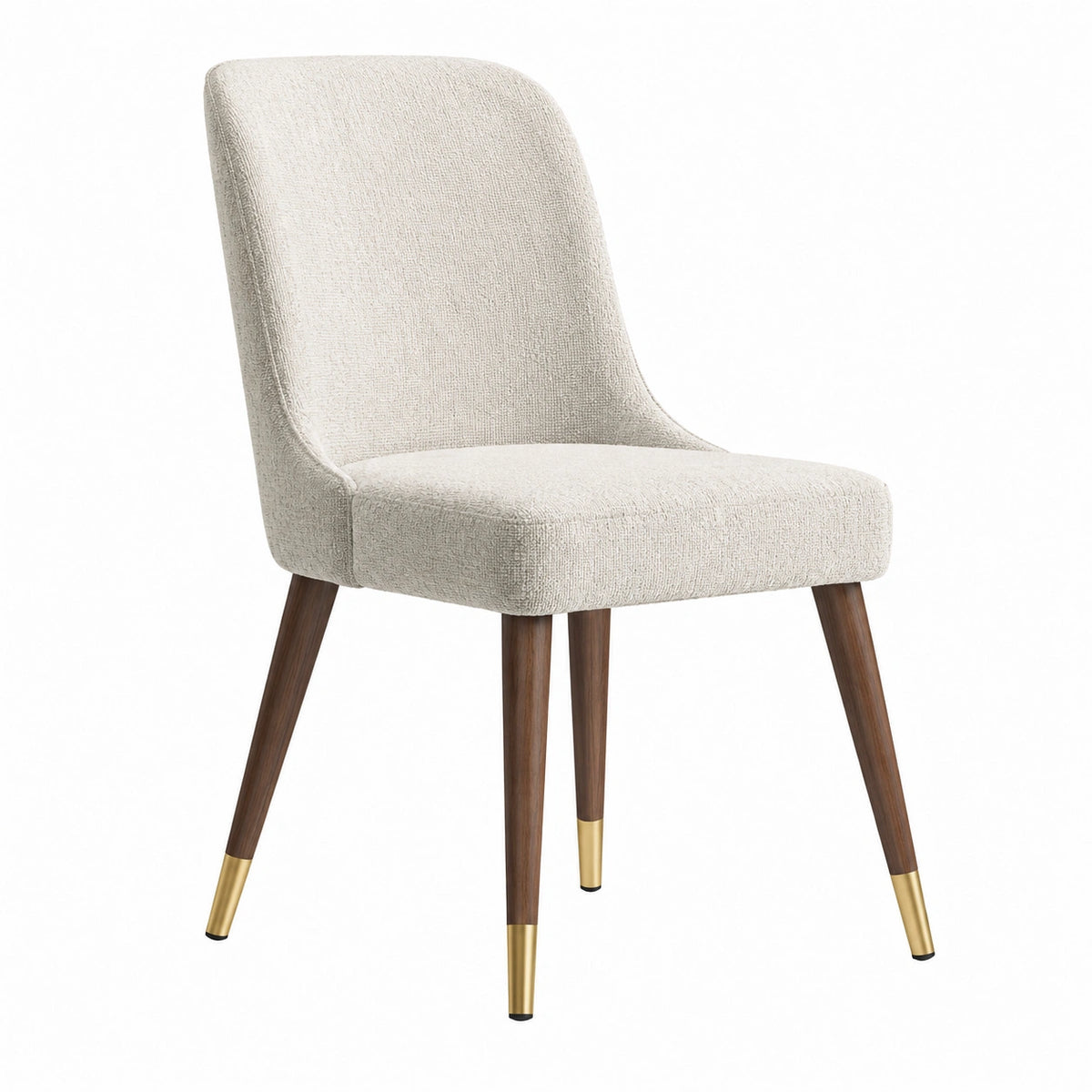 Silla de comedor tapizada en beige con patas de madera y latón