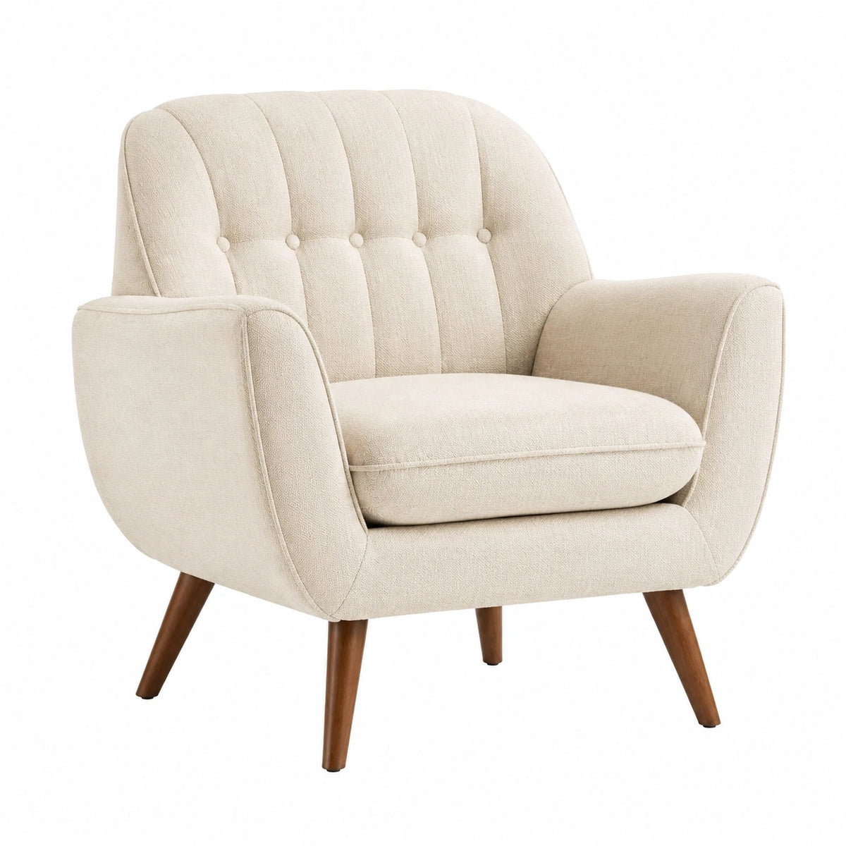 Sillón de tela de poliéster beige con patas de madera