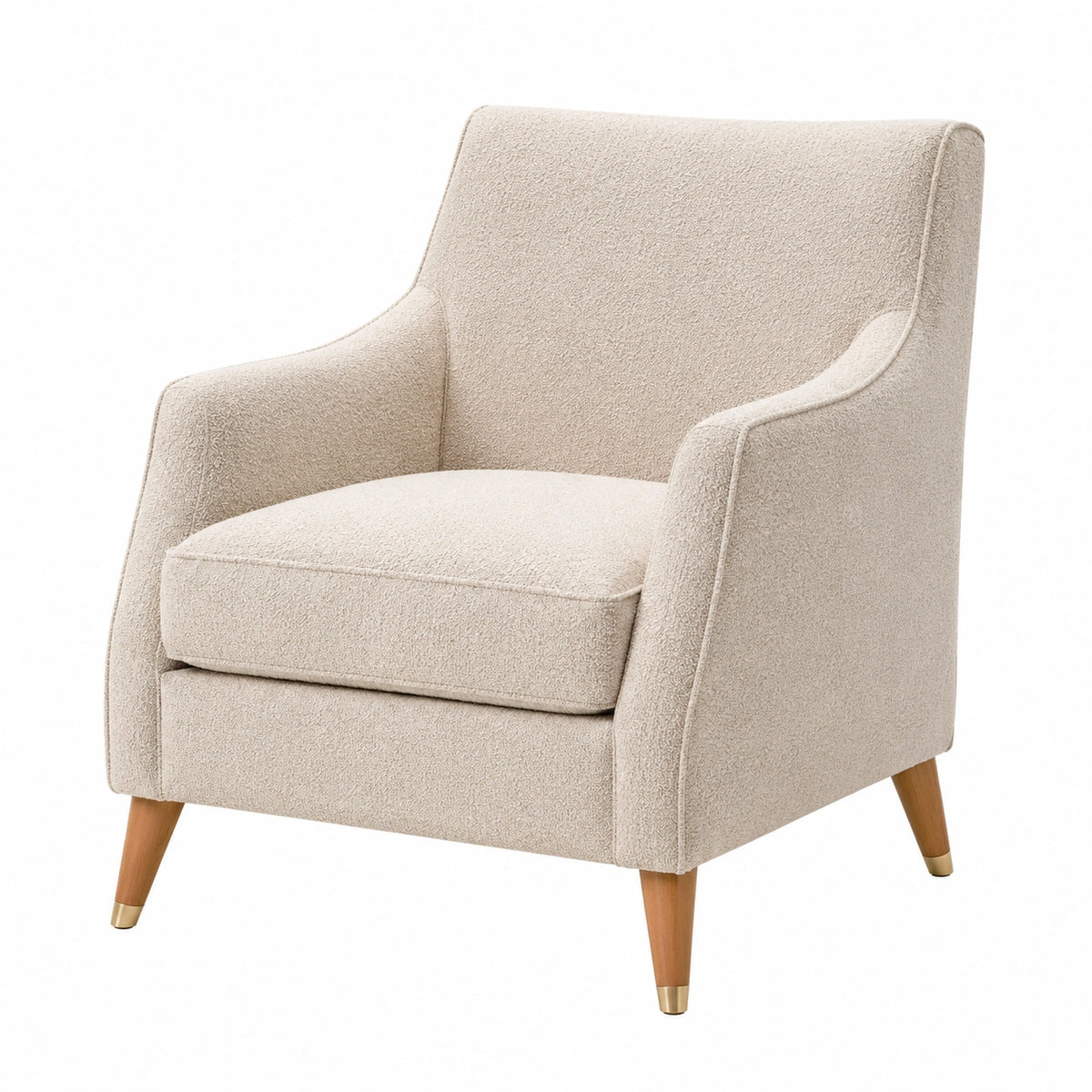 Sillón de tela bouclé beige con patas de madera