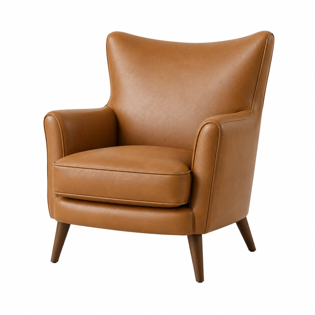 Sillón de cuero sintético marrón con estructura de madera
